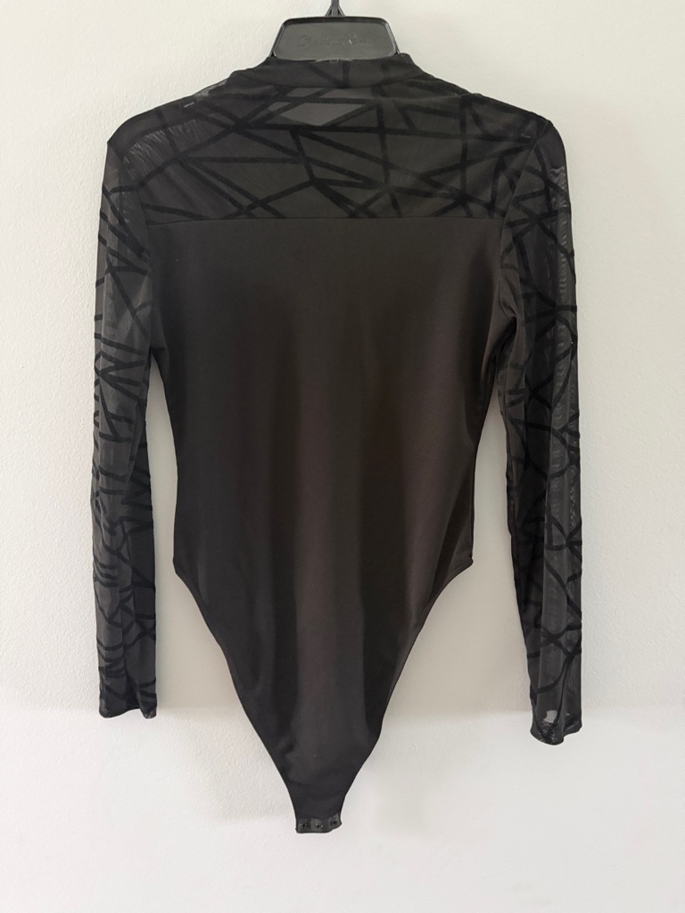 SHEIN Black Long-Sleeve Mesh Panel Bodysuit with Geometric Print